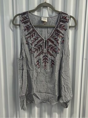 KNOX ROSE Black & White Striped Embroidered V-Neck Sleeveless Top Size XXL